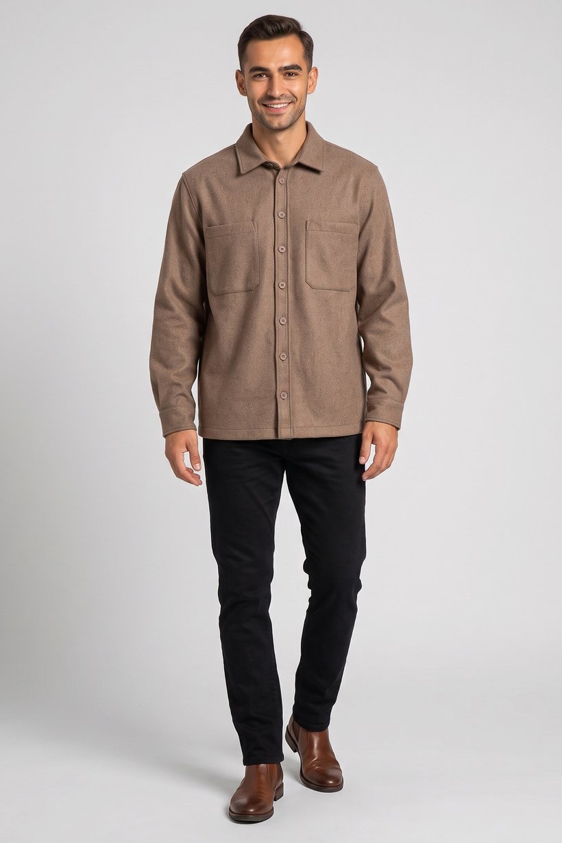 Men Regular Fit Long Sleeve Heather Jacket Shirt, Brown