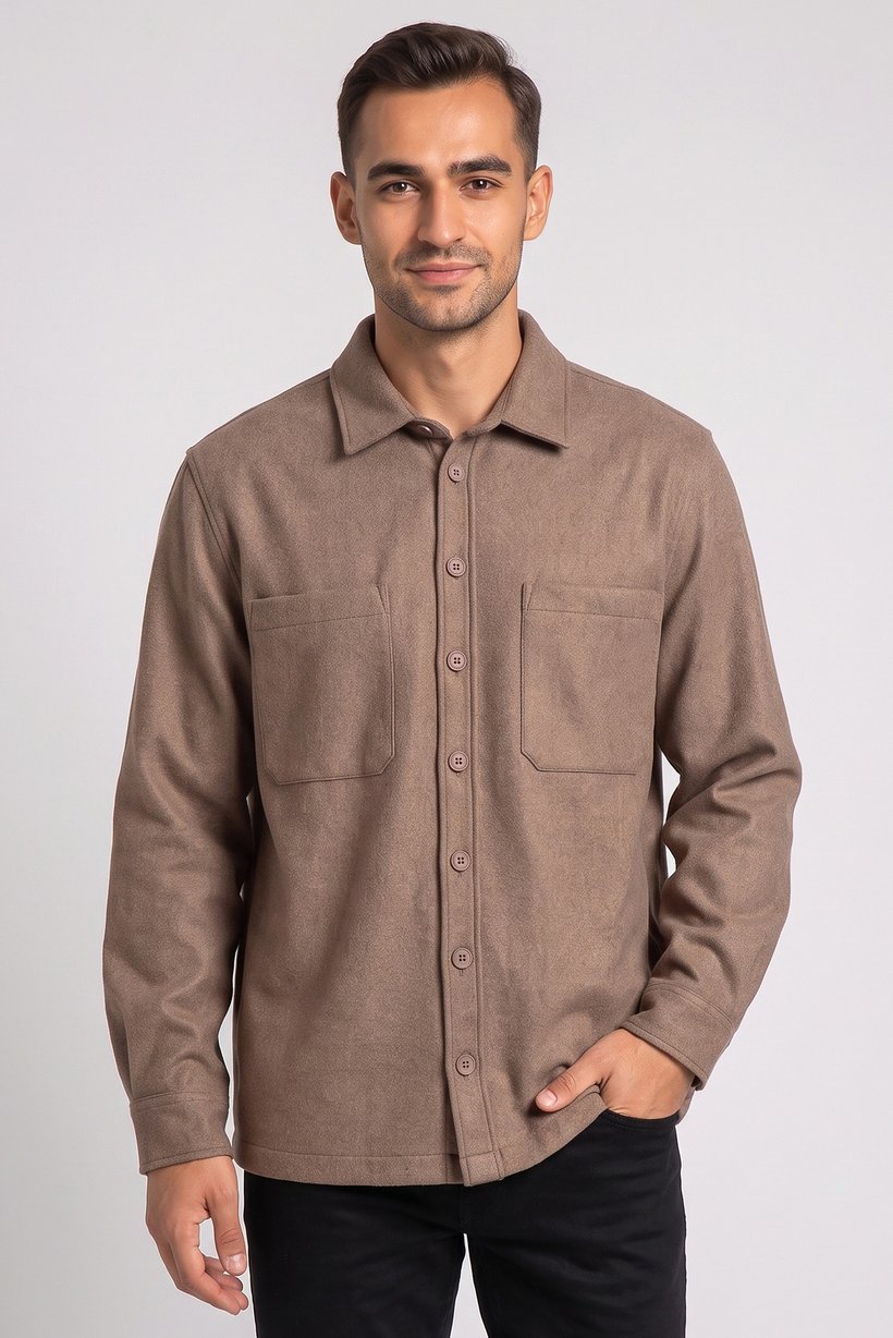 Men Regular Fit Long Sleeve Heather Jacket Shirt, Brown