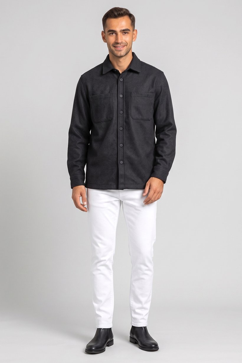 Men Oversized Fit Long Sleeve Textured Jacket Shirt, Black