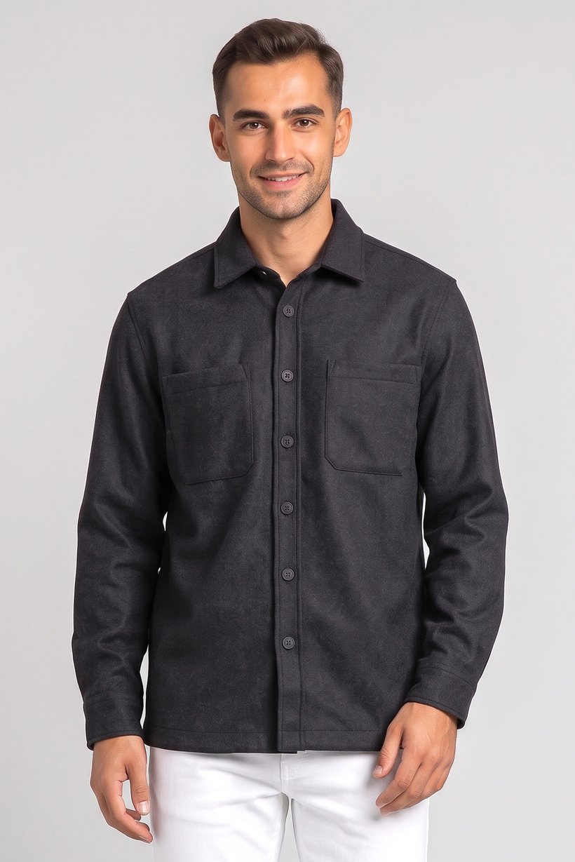 Men Oversized Fit Long Sleeve Textured Jacket Shirt, Black