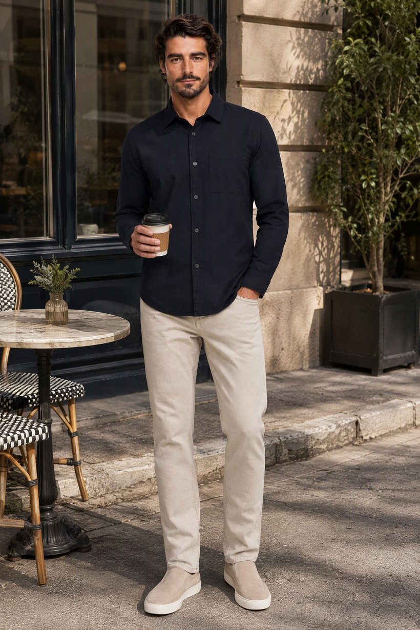 Men Loose Fit Long Sleeve Solid Casual Shirt, Dark Navy