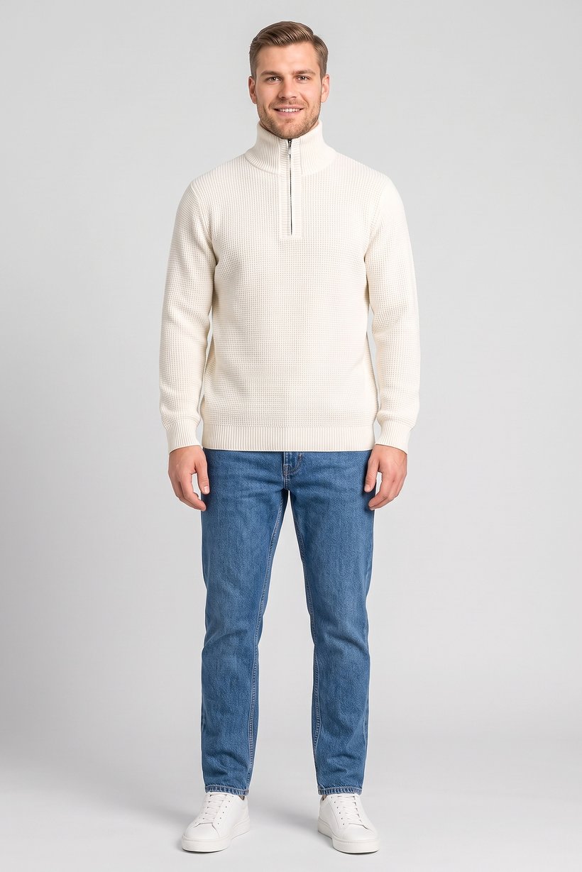 Men Turtle Neck Textured Sweater, Off White