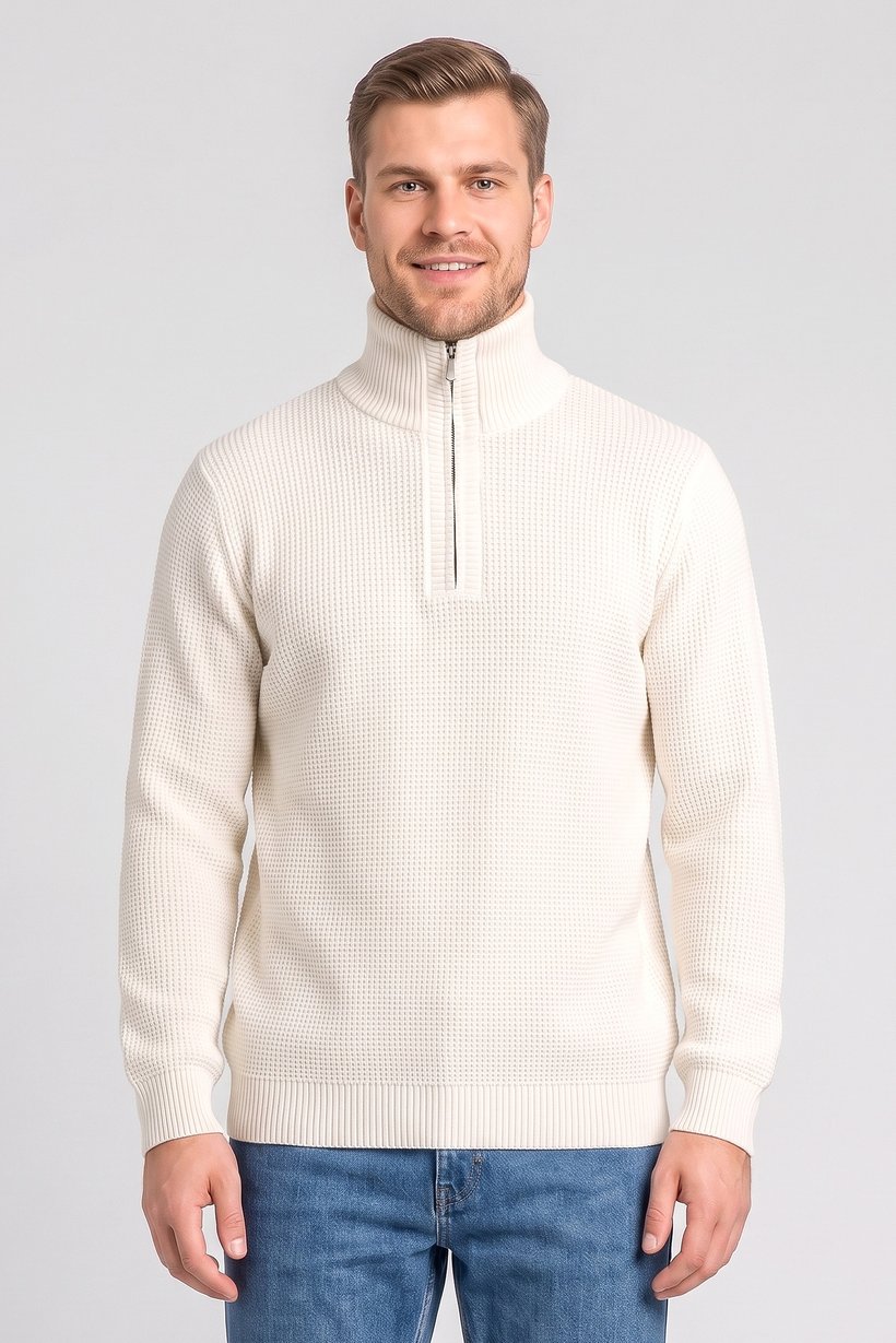 Men Turtle Neck Textured Sweater, Off White