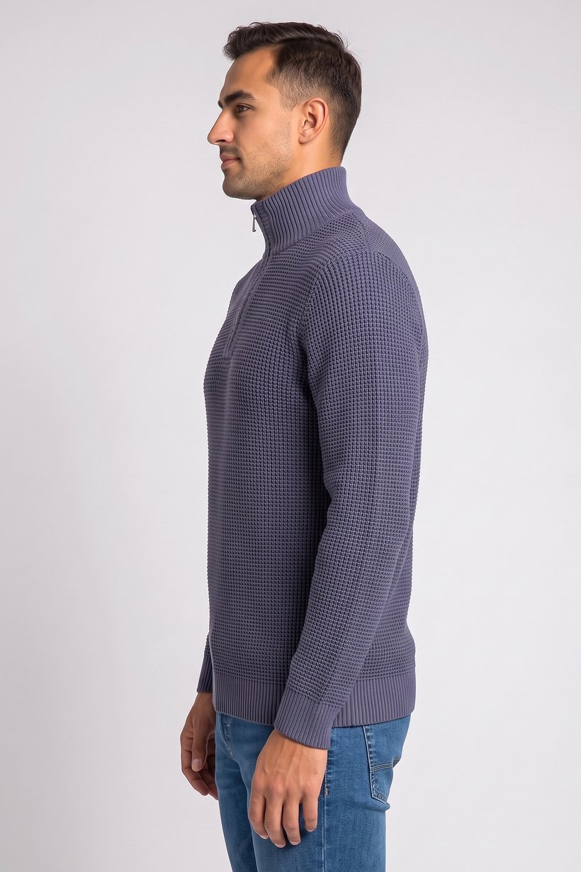 Men Turtle Neck Crochet Sweater, Slate Grey