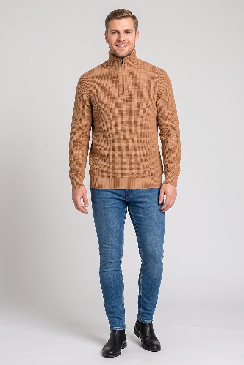 Men Turtle Neck Textured Sweater, Tan