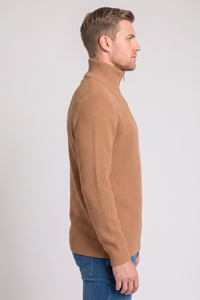 Men Turtle Neck Textured Sweater, Tan