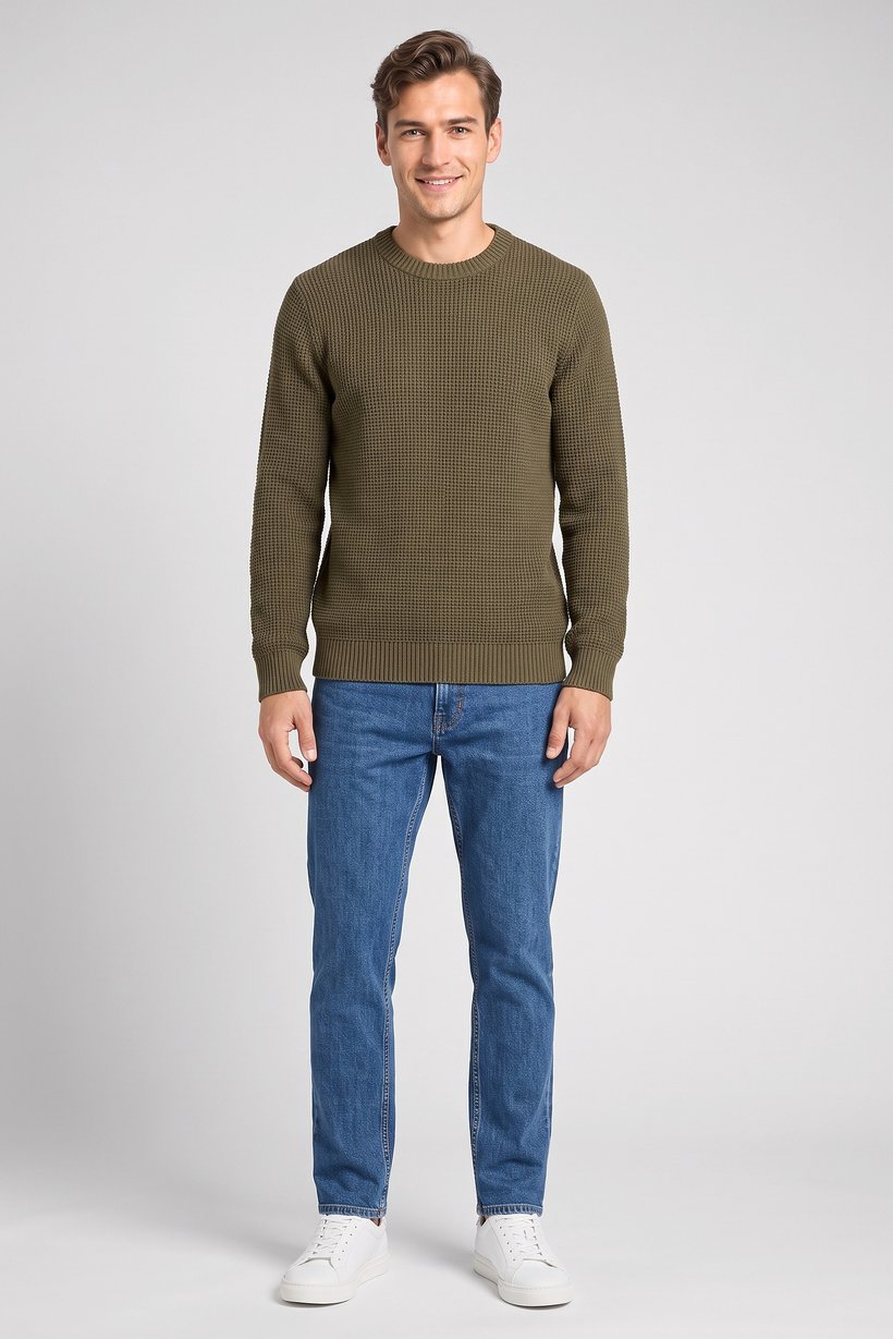 Men Crew neck Waffle Sweather, Olive
