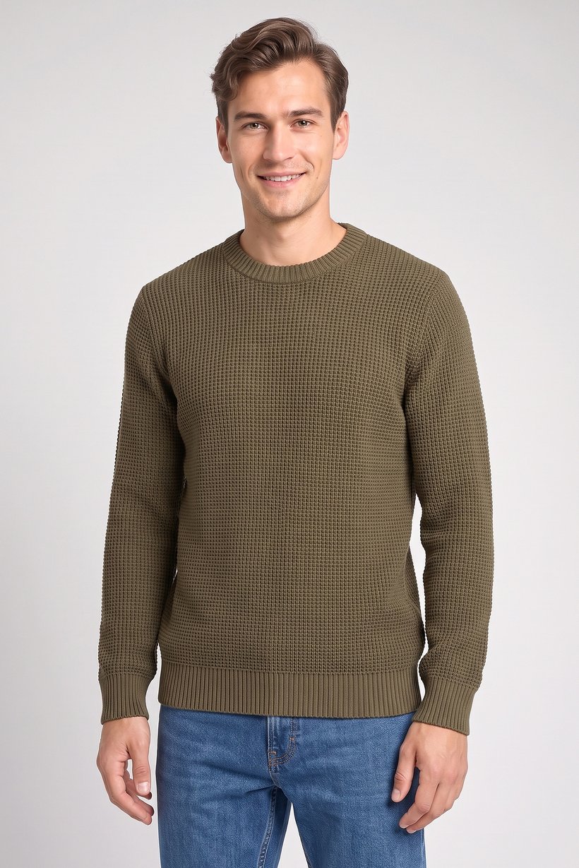Men Crew neck Waffle Sweather, Olive