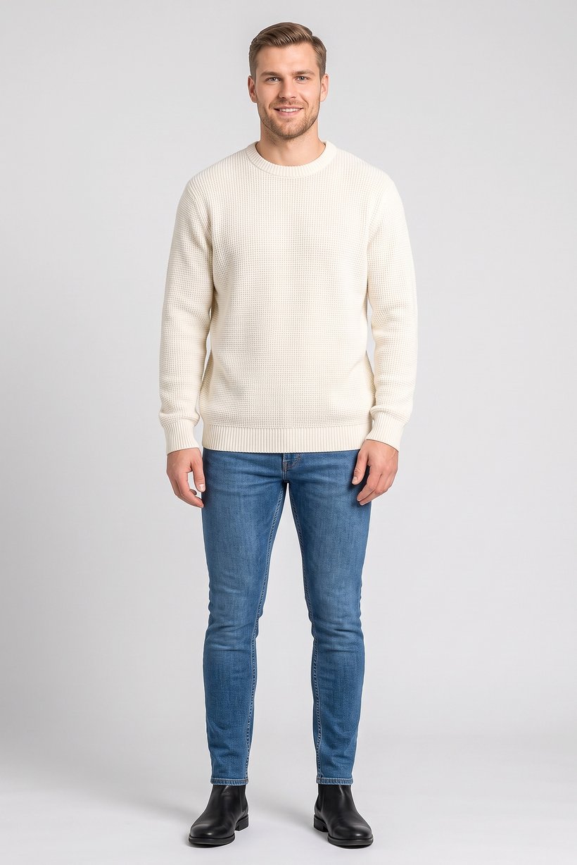 Men Crew Neck Crochet Sweater, Beige