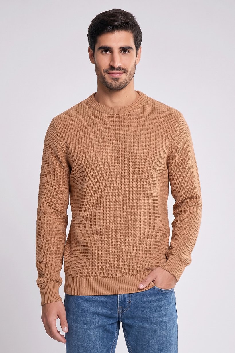 Men Crew Neck Textured Sweater, Tan