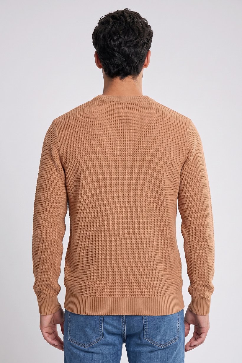Men Crew Neck Textured Sweater, Tan