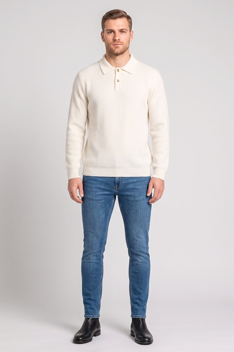 Men Spread Collar Textured Sweater, Cream