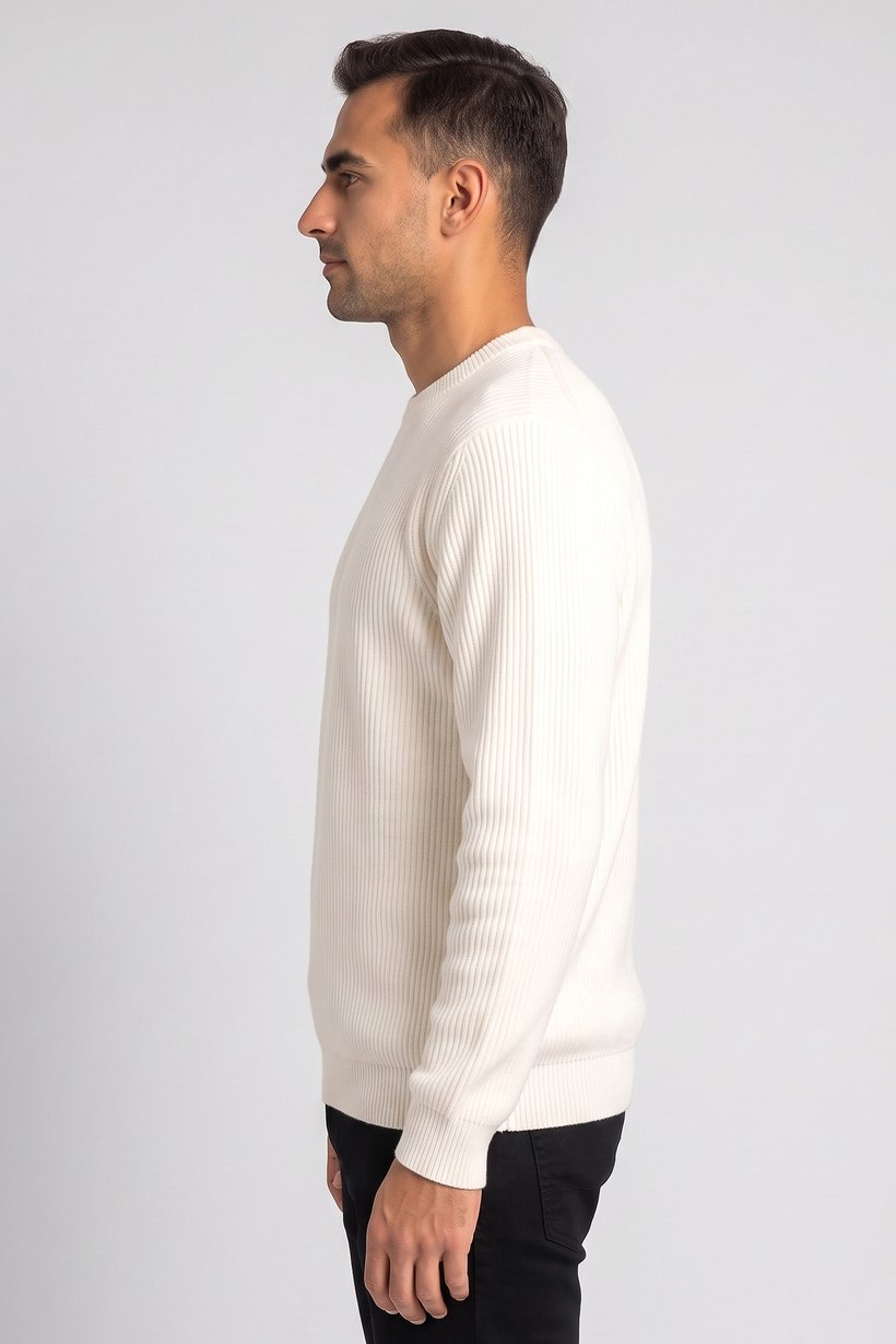 Men Crew Neck Textured Sweater, Off White