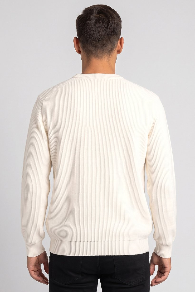 Men Crew Neck Textured Sweater, Off White