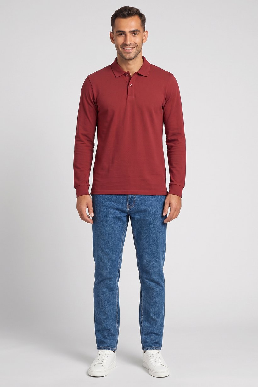 Men Regular Fit Solid Long Sleeve Polo Shirt, Maroon