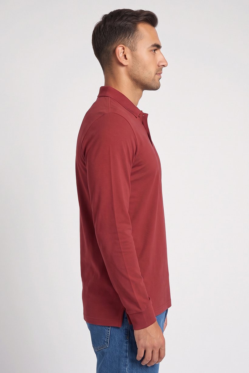 Men Regular Fit Solid Long Sleeve Polo Shirt, Maroon