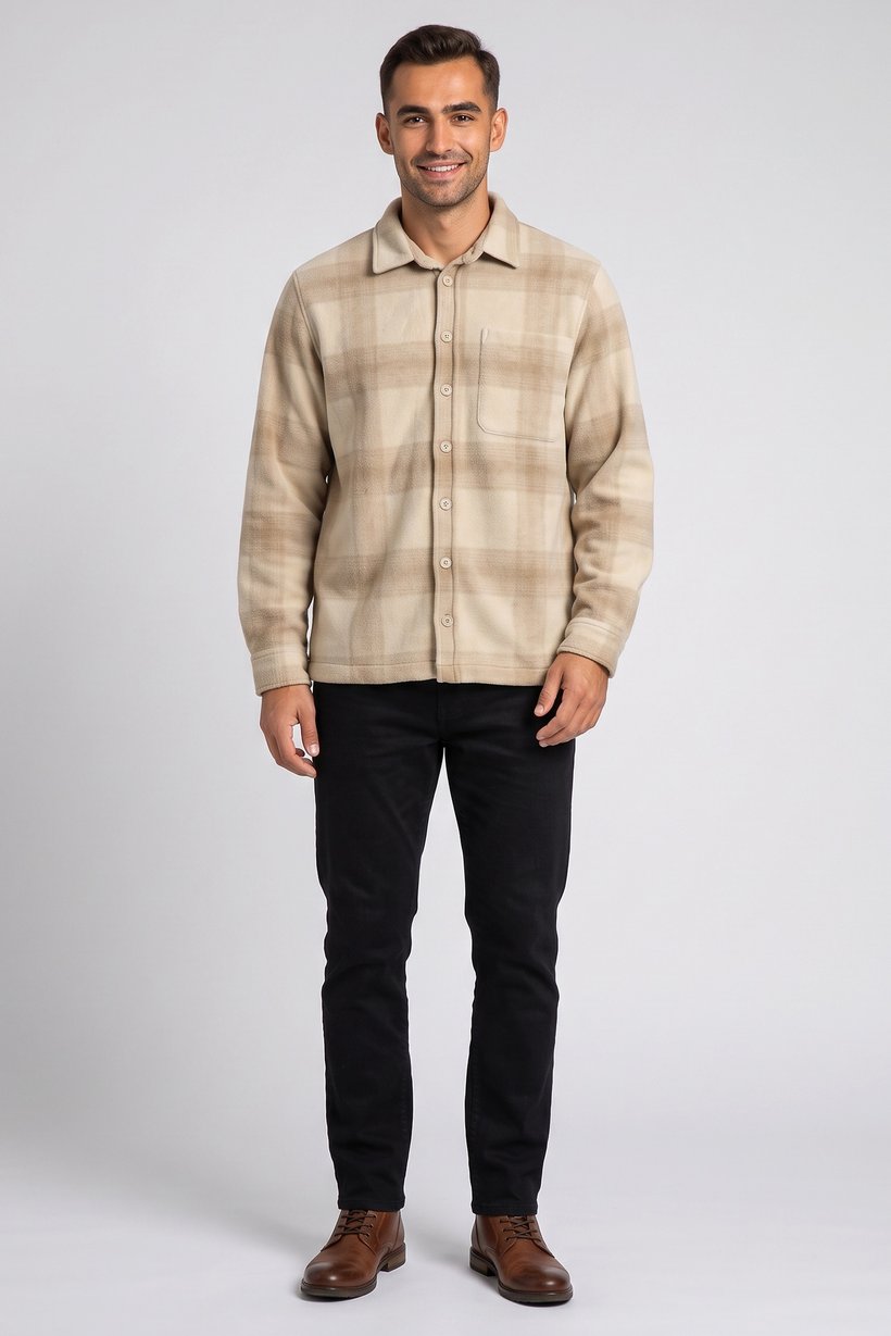 Men Plaid Long Sleeve Jacket Shirt, Beige