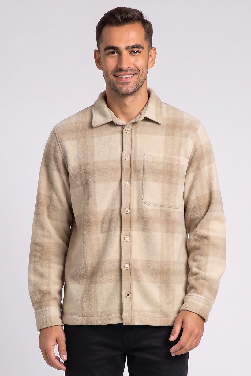 Men Plaid Long Sleeve Jacket Shirt, Beige