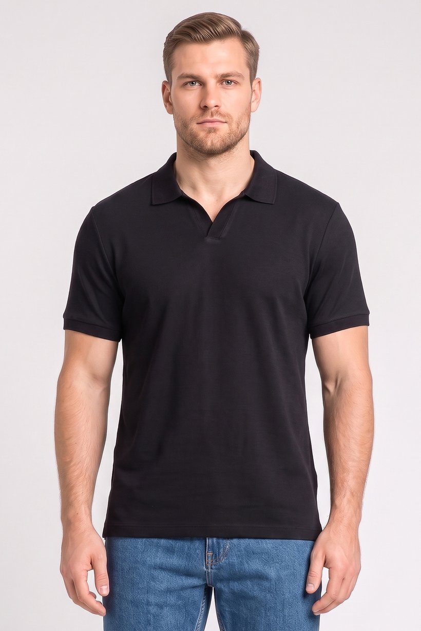 Men Regular Fit Textured Short Sleeve Polo Shirt, Black