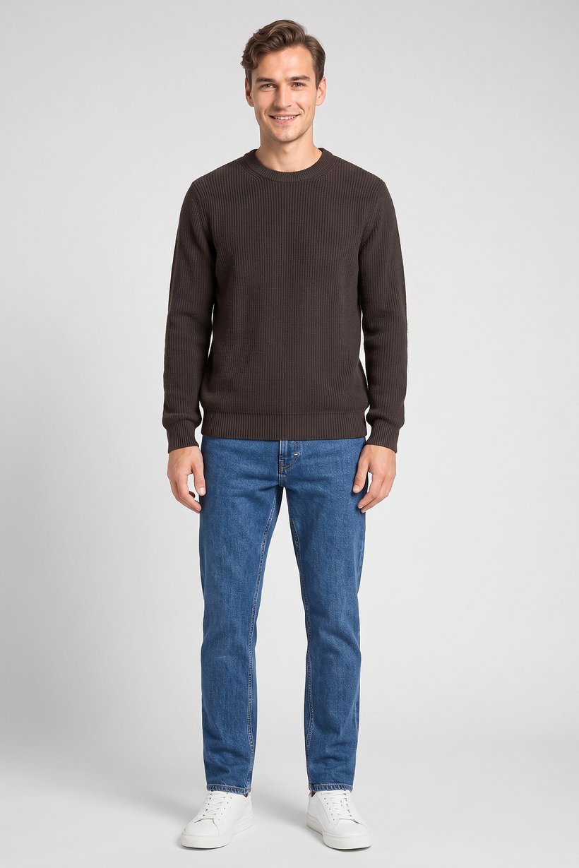 Men Crew Neck Knitted Sweater, Charcoal Grey