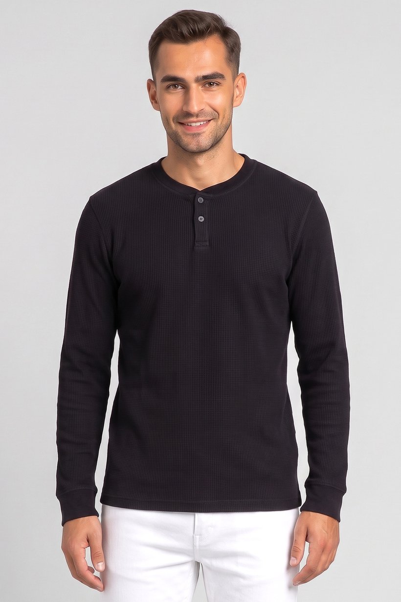 Men Henley Neck Long Sleeves Textured T-Shirt, Black
