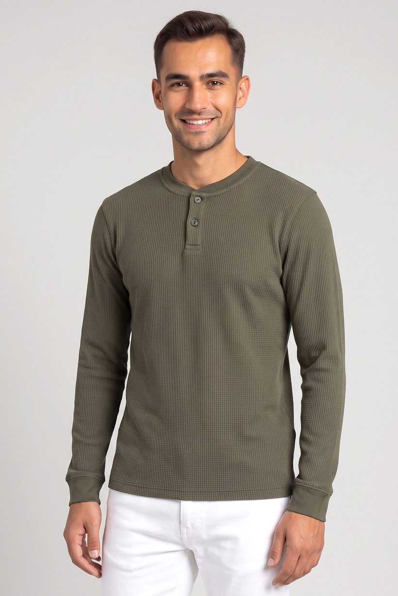 Men Henley Neck Long Sleeves Textured T-Shirt, Green