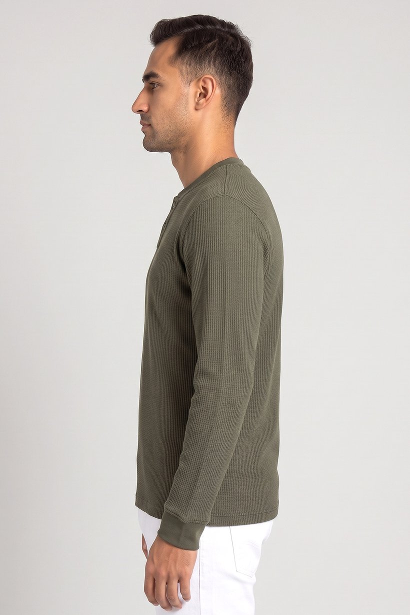 Men Henley Neck Long Sleeves Textured T-Shirt, Green