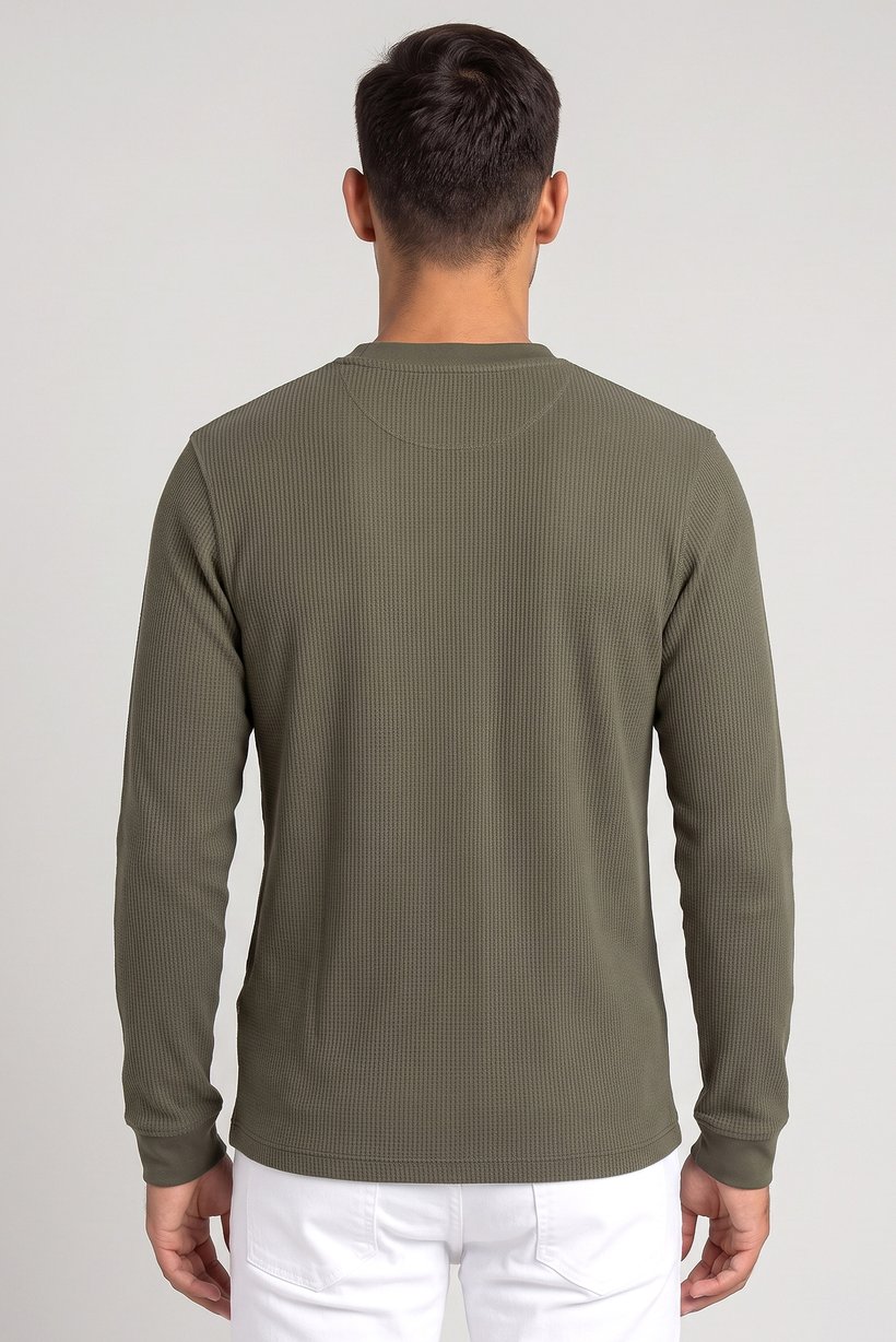 Men Henley Neck Long Sleeves Textured T-Shirt, Green