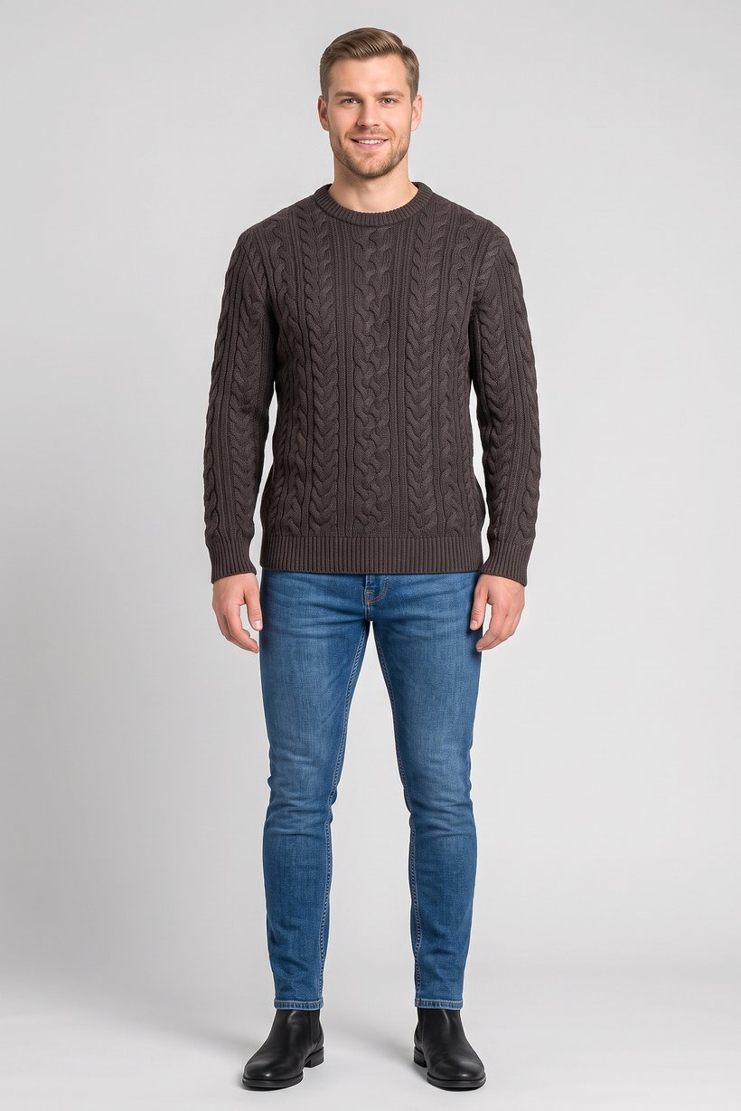 Men Crew Neck Cable Knit Sweater, Dark Grey