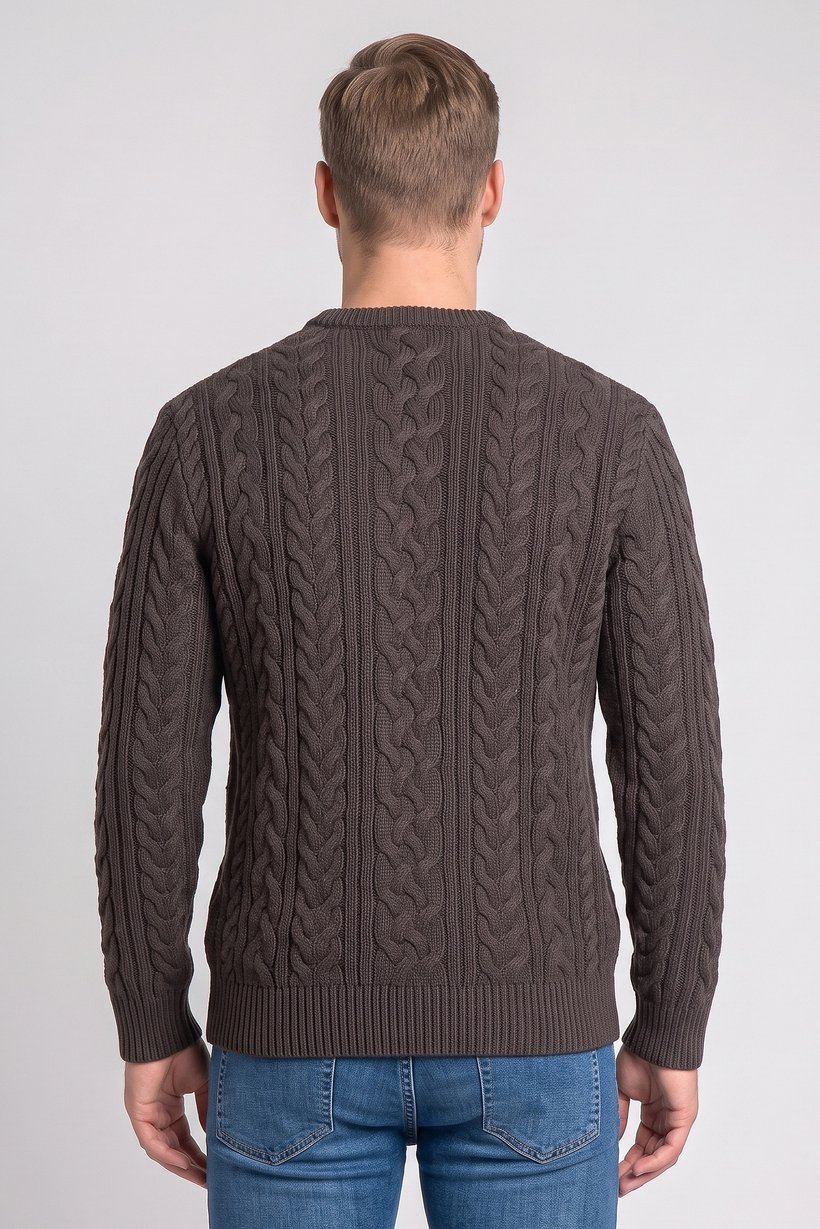 Men Crew Neck Cable Knit Sweater, Dark Grey