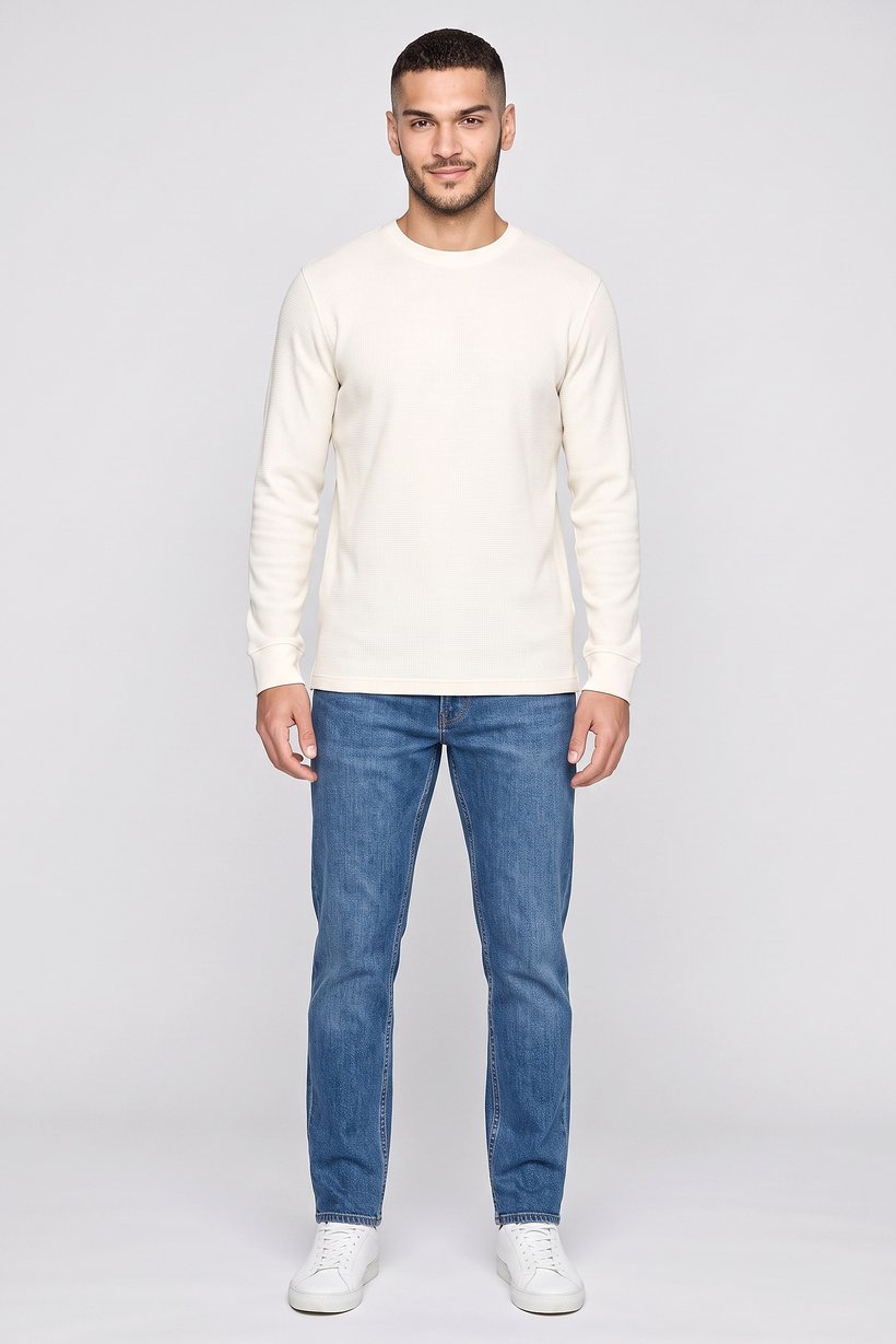 Men Crew Neck Long Sleeve Textured T-Shirt, Ivory