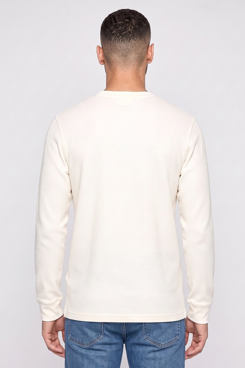 Men Crew Neck Long Sleeve Textured T-Shirt, Ivory