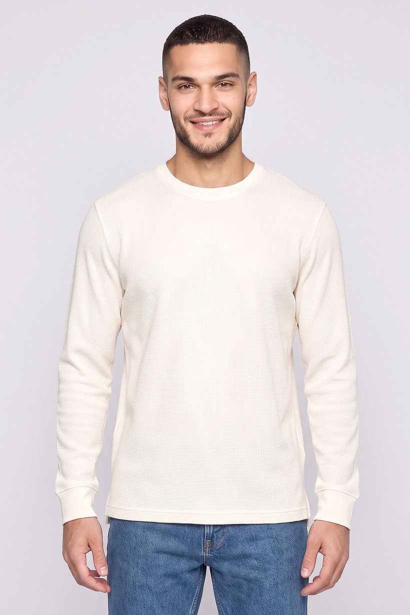 Men Crew Neck Long Sleeve Textured Sweatshirt, Off White