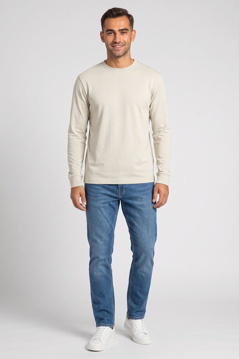 Men Crew Neck Long Sleeve Solid Sweatshirts, Light Beige