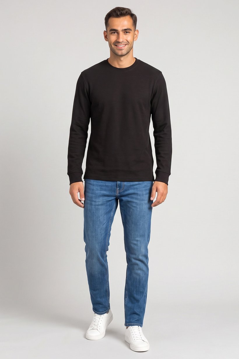 Men Crew Neck Long Sleeve Textured T-Shirt, Black