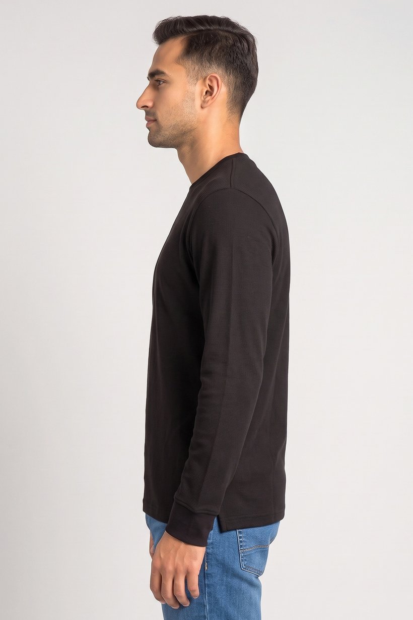 Men Crew Neck Long Sleeve Textured T-Shirt, Black
