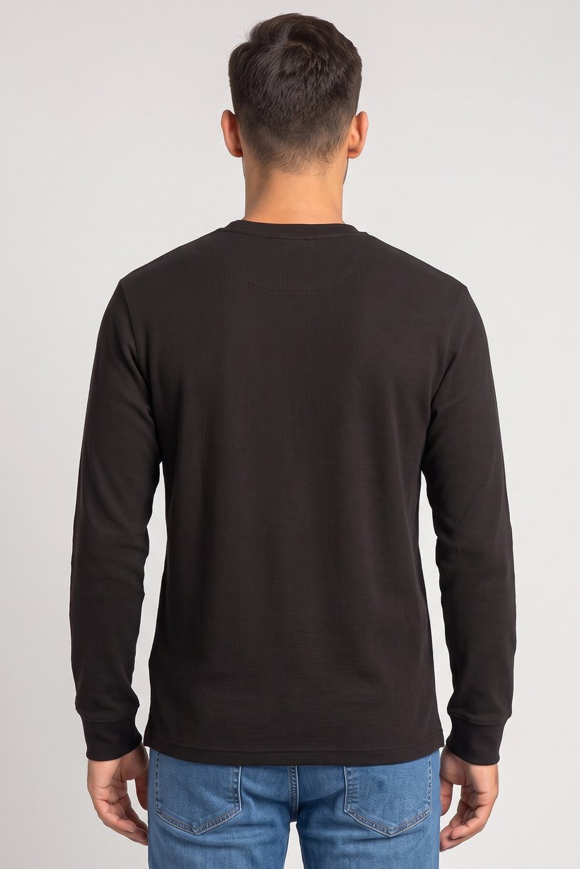 Men Crew Neck Long Sleeve Textured T-Shirt, Black