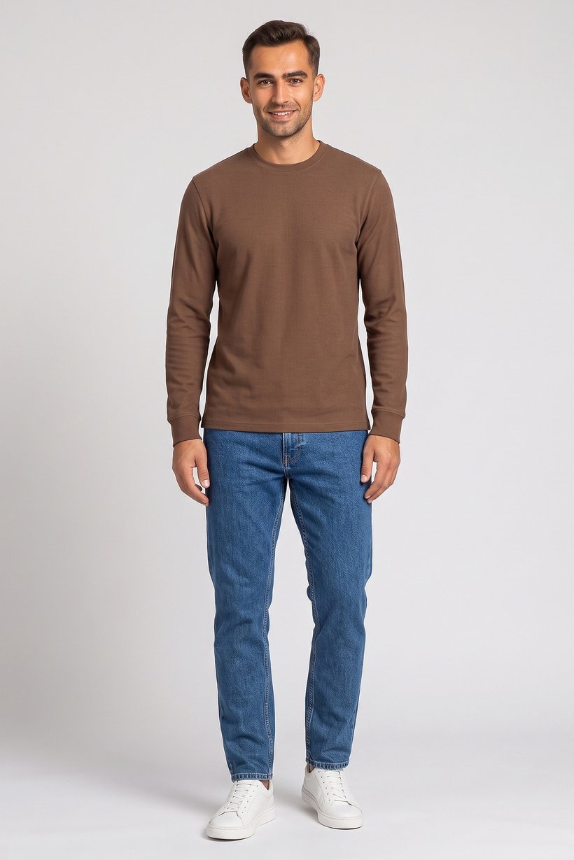 Men Crew Neck Long Sleeve Textured T-Shirt, Brown