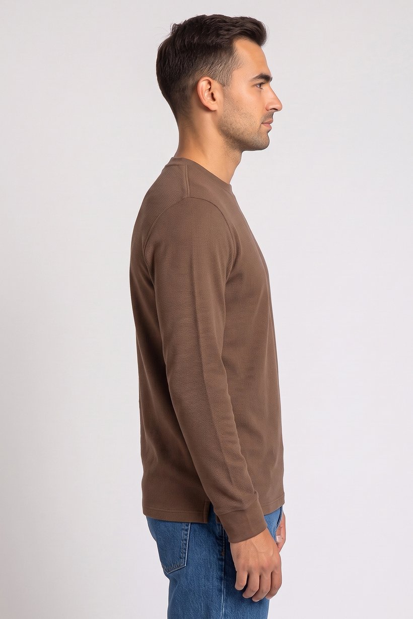 Men Crew Neck Long Sleeve Textured T-Shirt, Brown