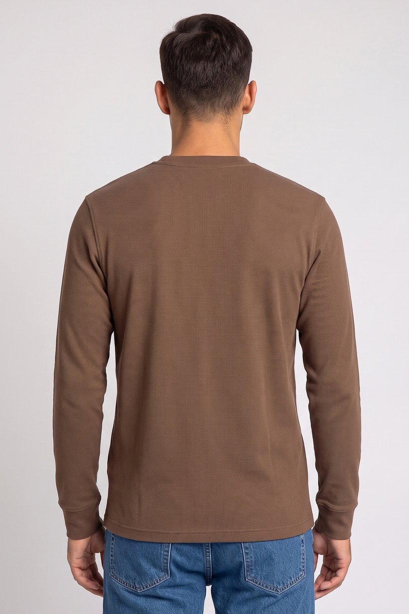 Men Crew Neck Long Sleeve Textured T-Shirt, Brown
