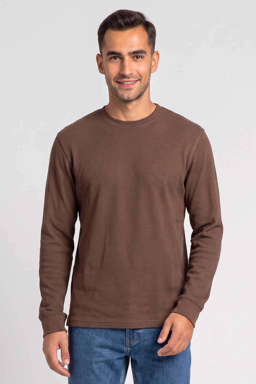 Men Crew Neck Long Sleeve Textured T-Shirt, Brown