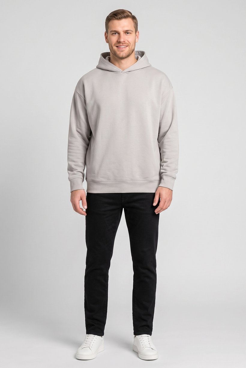 Men Solid Long Sleeve Hoodie, Light Grey