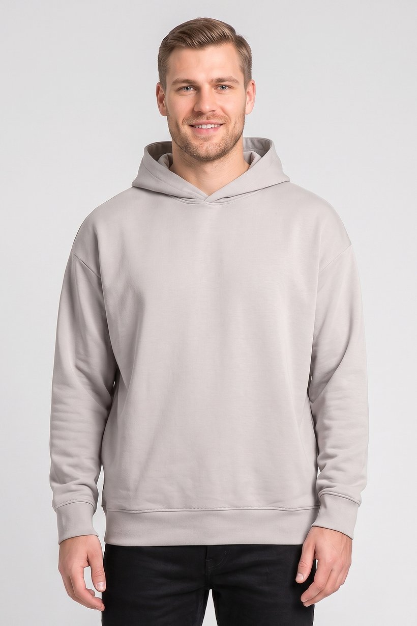 Men Solid Long Sleeve Hoodie, Light Grey