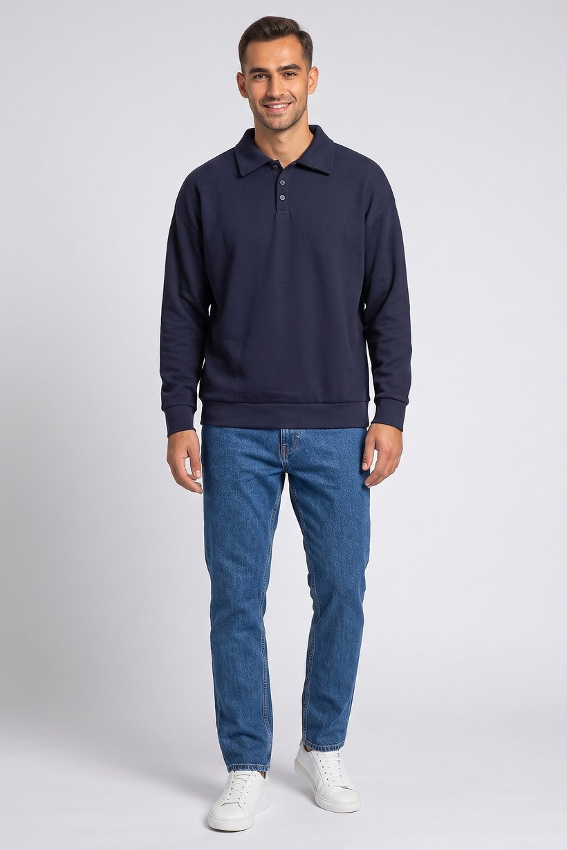Men Spread Collar Textured Long Sleeve Sweatshirt, Navy
