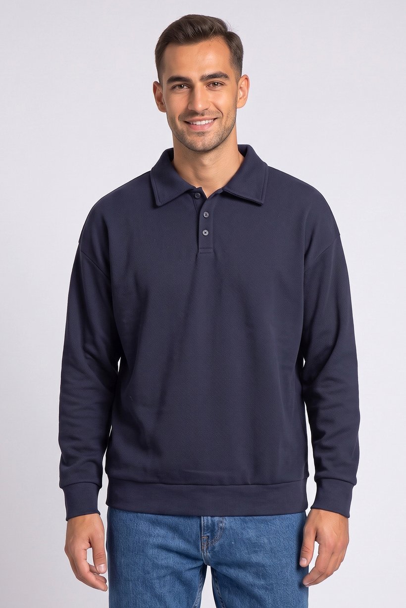 Men Spread Collar Textured Long Sleeve Sweatshirt, Navy