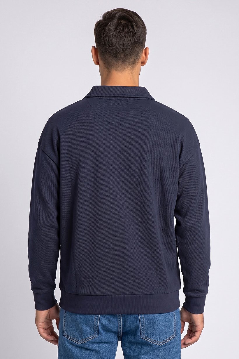 Men Spread Collar Textured Long Sleeve Sweatshirt, Navy