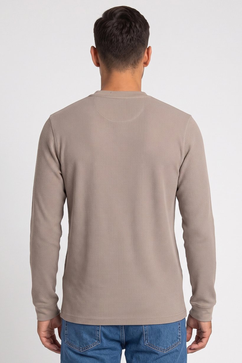 Men Henley Neck Long Sleeves Textured T-Shirt, Beige