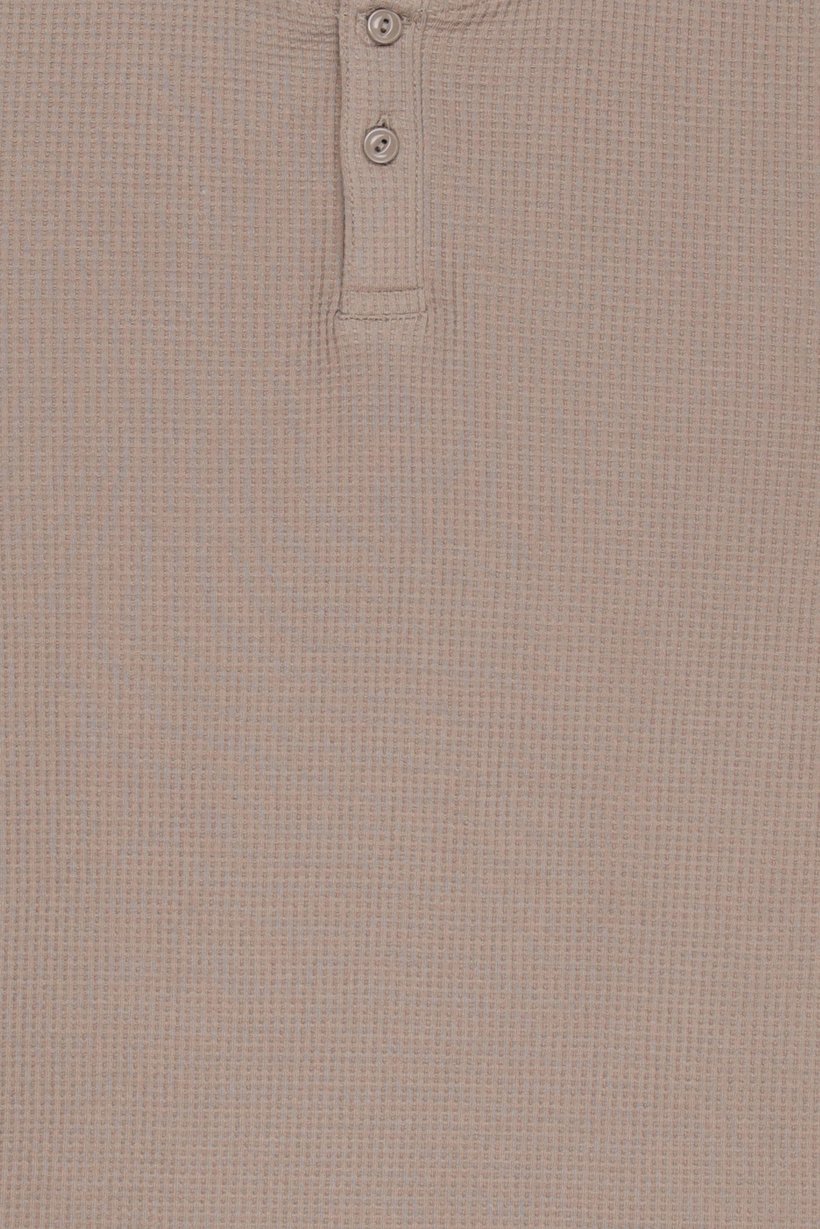Men Henley Neck Long Sleeves Textured T-Shirt, Beige