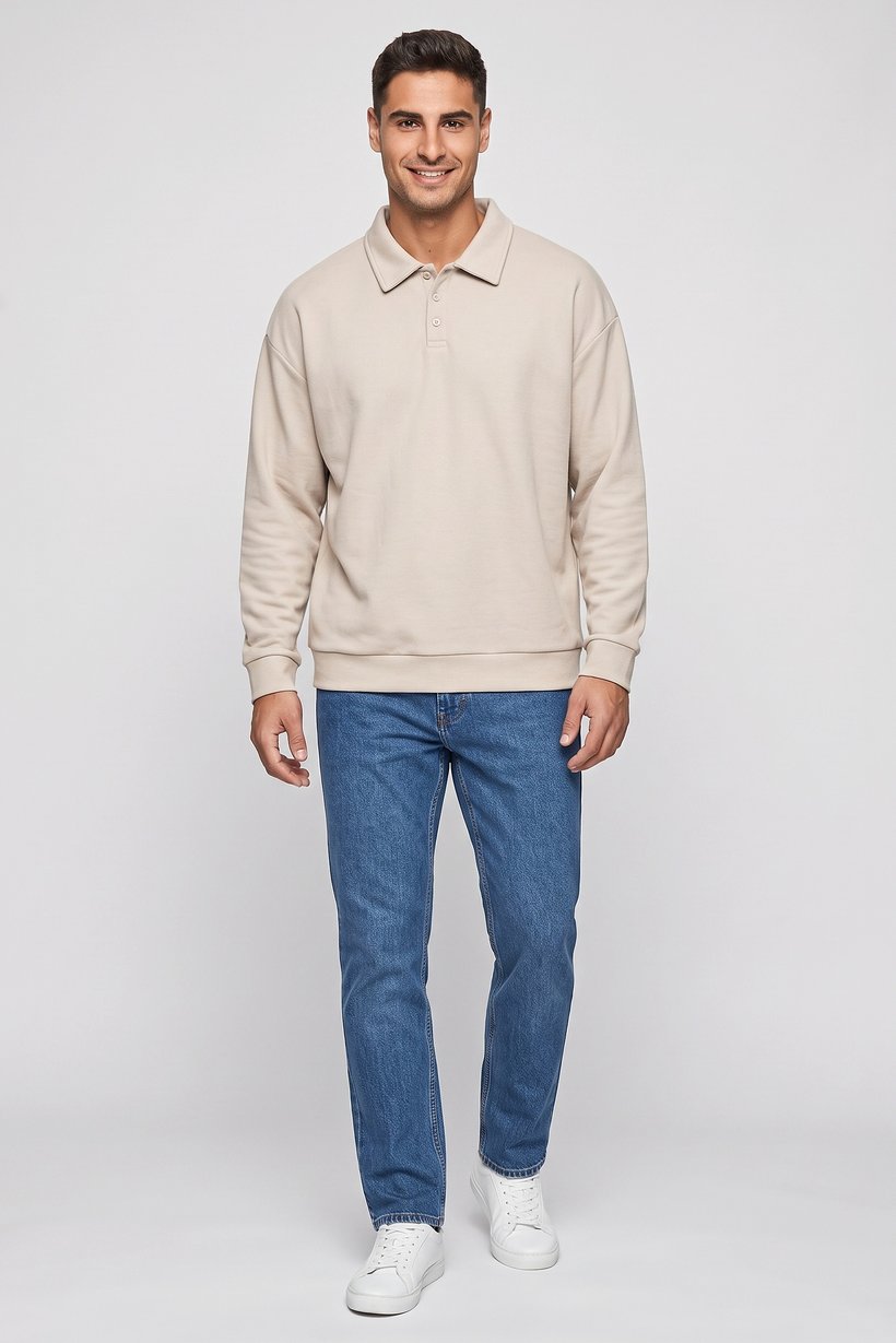 Men Spread Collar Textured Long Sleeve Sweatshirt, Beige
