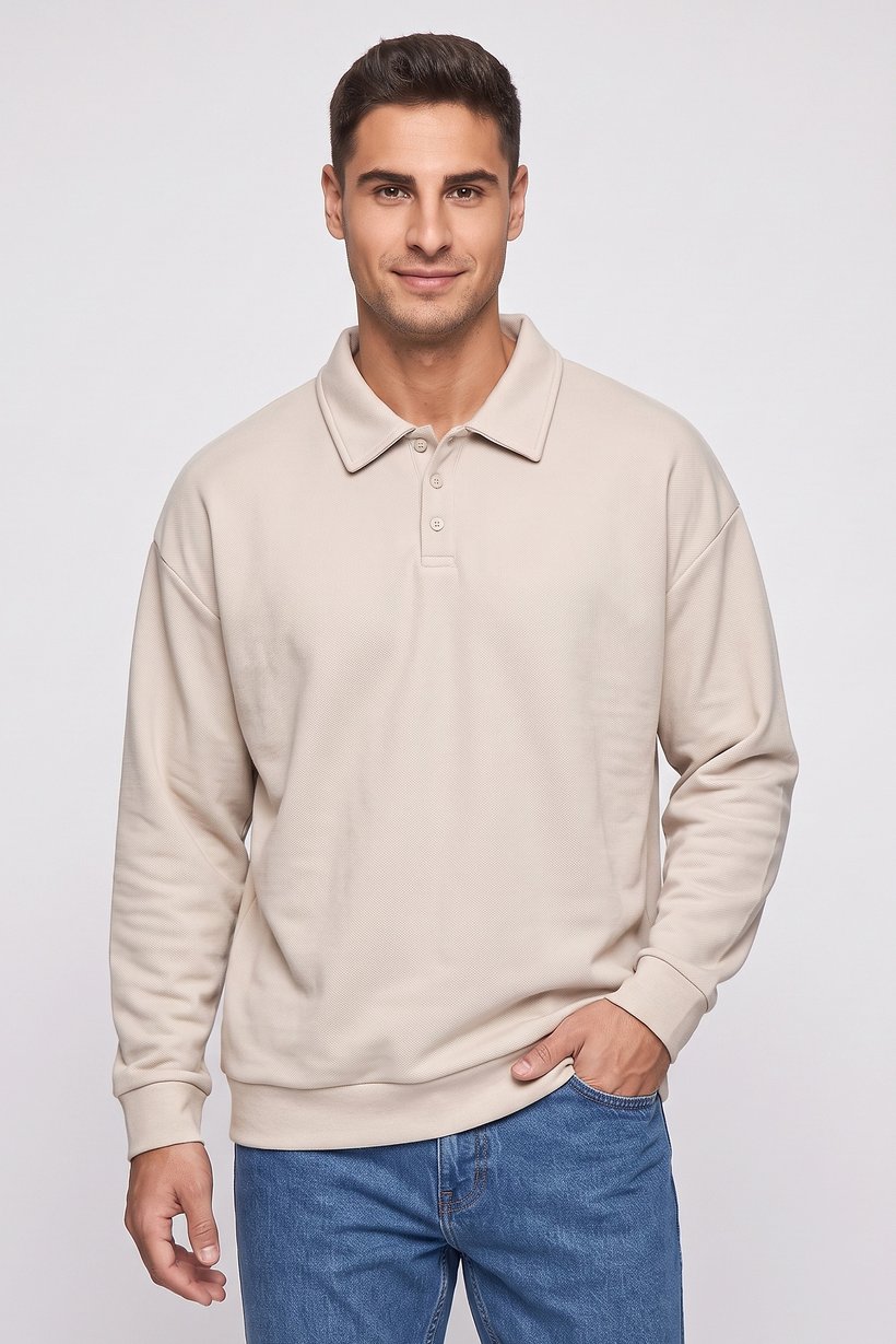 Men Spread Collar Textured Long Sleeve Sweatshirt, Beige